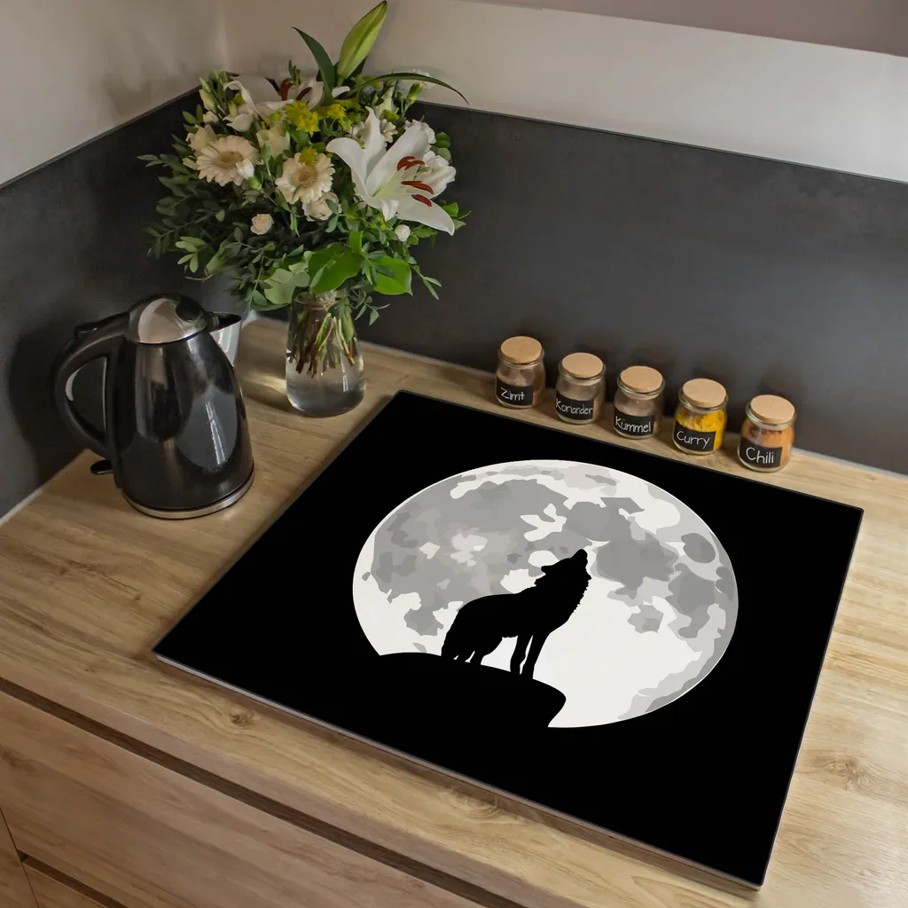 banjado Glas Herdabdeckplatten 60x52cm Ceranfeldabdeckung Heulender Wolf SW Spritzschutz Schneidebrett [HAP1 11023]